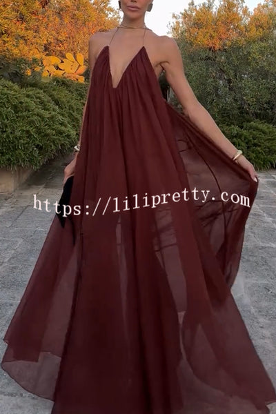 Flowing Lightweight Chiffon Chain Halter Neck Detail Backless A-line Maxi Dress