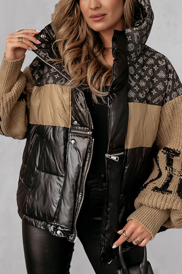 Stylish Denim Knit Long-sleeved Patchwork Hooded Pocket Thickened Jacket