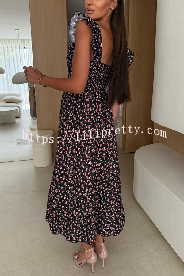 Floral Print Square Neck Pleated Back Midi Dress