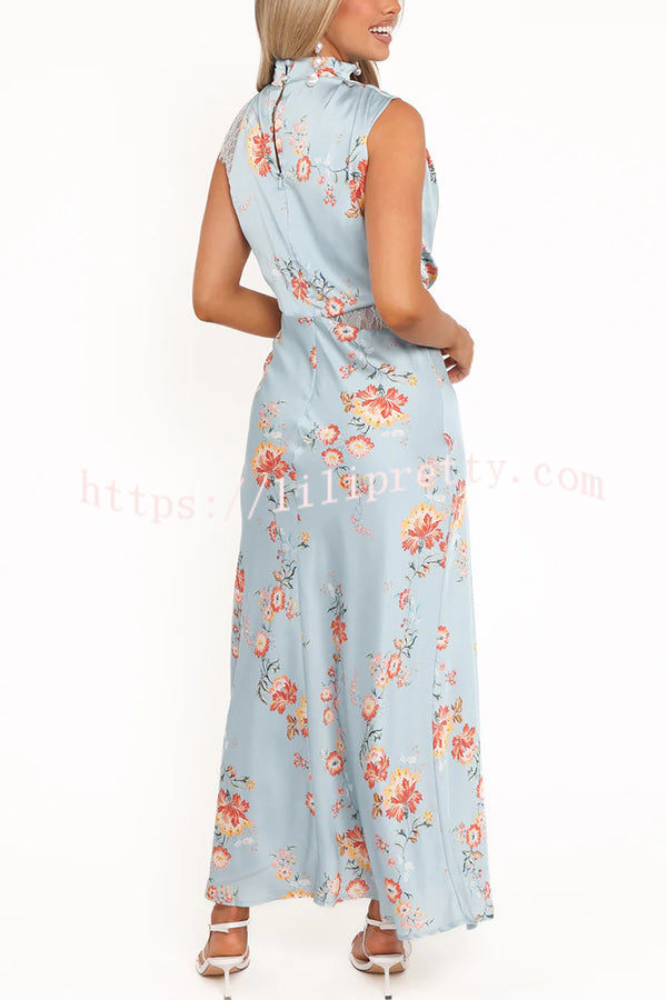 Anabelle Satin Lace Detail Floral Print High Cowl Neck Maxi Dress