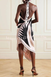 Satin Unique Print Halter Neck Backless Irregular Vacation Midi Dress