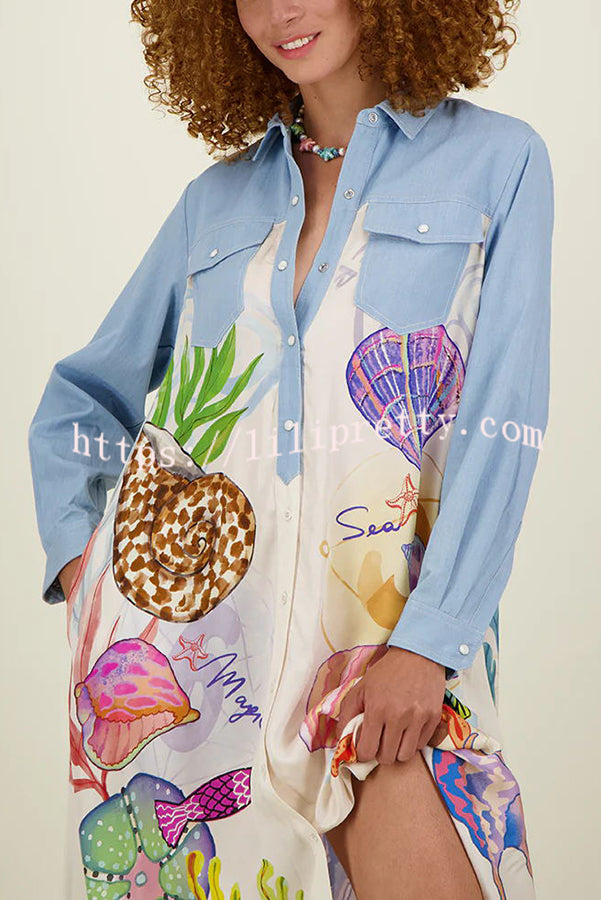 Take A Trip Marine Elements Unique Print Patchwork Pocketed Long Shirt Coat