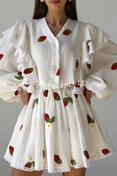 Lilipretty Ranier Cotton Linen Blend Strawberry Print Ruffle Blouse and Elastic Waist Mini Skirt Set