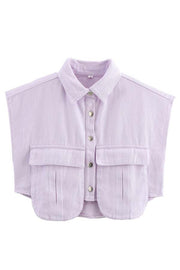 Stylish Weekend Denim Button Up Cape Sleeve Pocket Crop Top