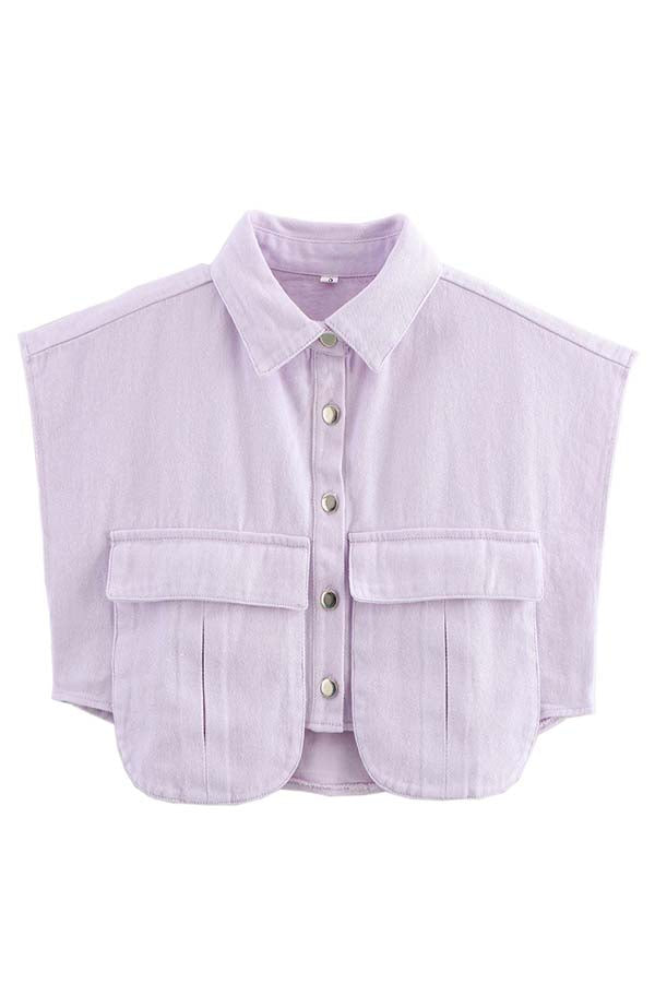 Stylish Weekend Denim Button Up Cape Sleeve Pocket Crop Top
