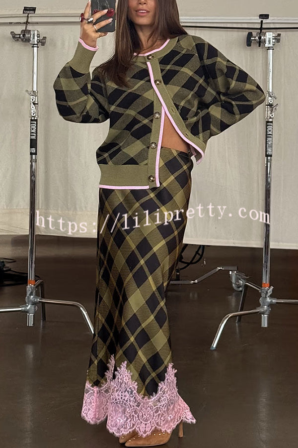 Holiday Plaid Knit Color-blocked Trim Button Long-sleeved Loose Cardigan