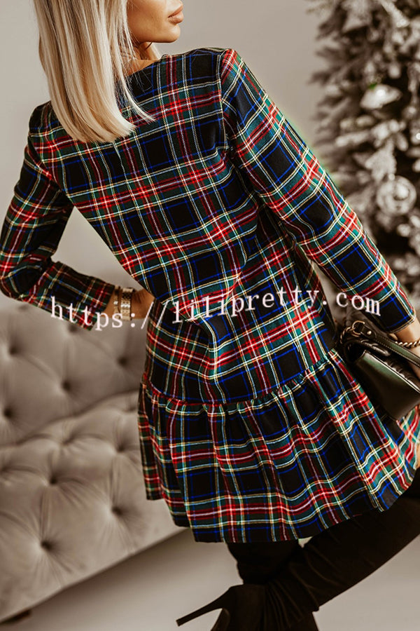 Fashionable Plaid Print Long Sleeve Round Neck Slim Fit Mini Dress