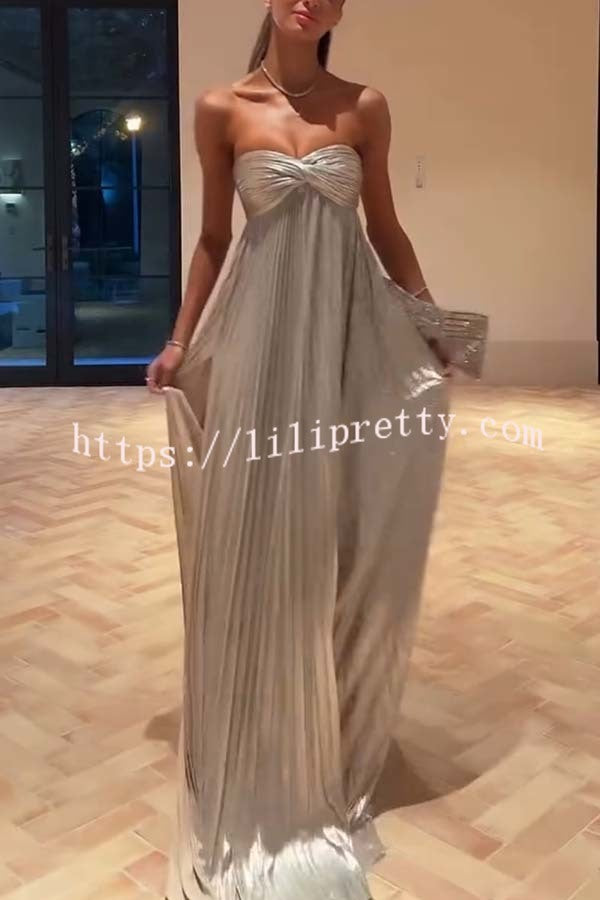 Night Elf Metallic Fabric Pleated Off Shoulder Twist Bust Slit Maxi Dress