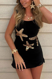 Beachside Dreams Starfish Sequin Wave Hem Stretch Tank Mini Dress