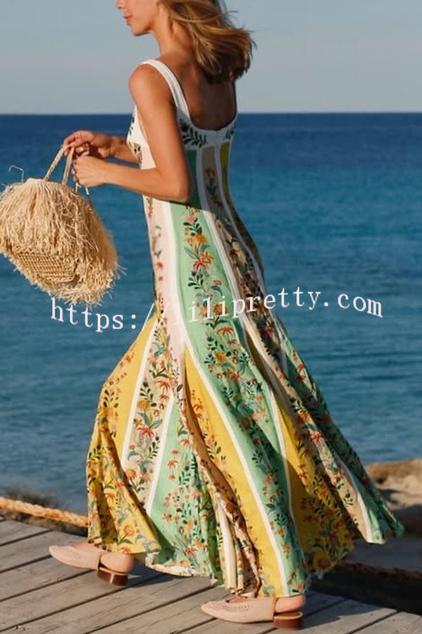Sweet Garden Linen Blend Color Block Floral Paneled Maxi Dress