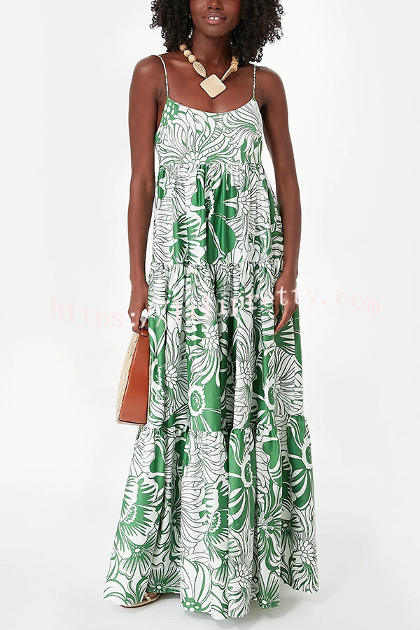 Botanical Floral Print Sexy Sling Backless Maxi Dress