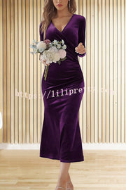 Solid Color Velvet Long Sleeve V-neck Slim Fit Fishtail Maxi Dress