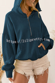 Lilipretty Front Pocket Zip Drawstring Long Sleeve Hoodie