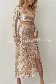 Solid Sequined Long-sleeved Crop Top and Sexy Slit Midi Skirt Set