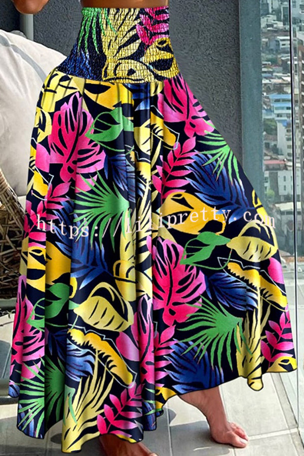 Unique Printed Pleated Elastic Waist Holiday Casual Maxi Skirt