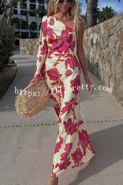 Rhia Satin Floral Print One Shoulder Flared Maxi Dress