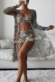 Unique Printed Paneled Lace Up Pleated Three Pieces Swimsuit Set