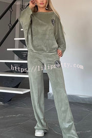 Solid Color Velvet Round Neck Bat Sleeve Casual Top and Elastic Waist Loose Pocket Pants Set