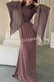 Liora Ruched Organza and Satin Patchwork Design Long Bell Slit Sleeve Maxi Dress