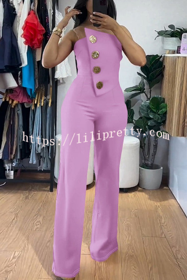 Solid Color Sexy Tube Top Gold Button Embellished Bootcut Jumpsuit