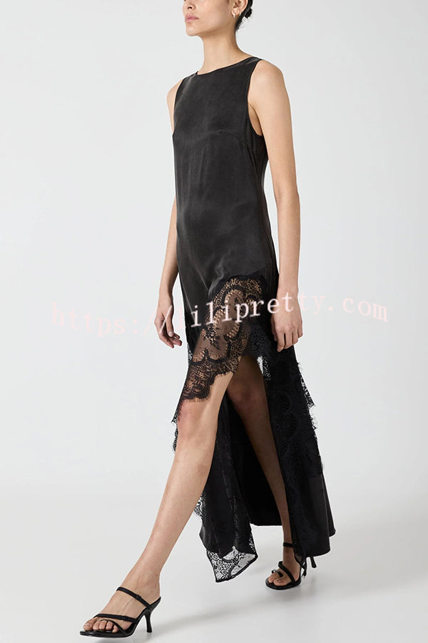 Pretty Soul Satin Lace Trim Wide Neck Irregular Hem Slit Maxi Dress