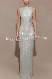 Holiday Nights Sequin Boat Neck Sleeveless Slit Maxi Dress