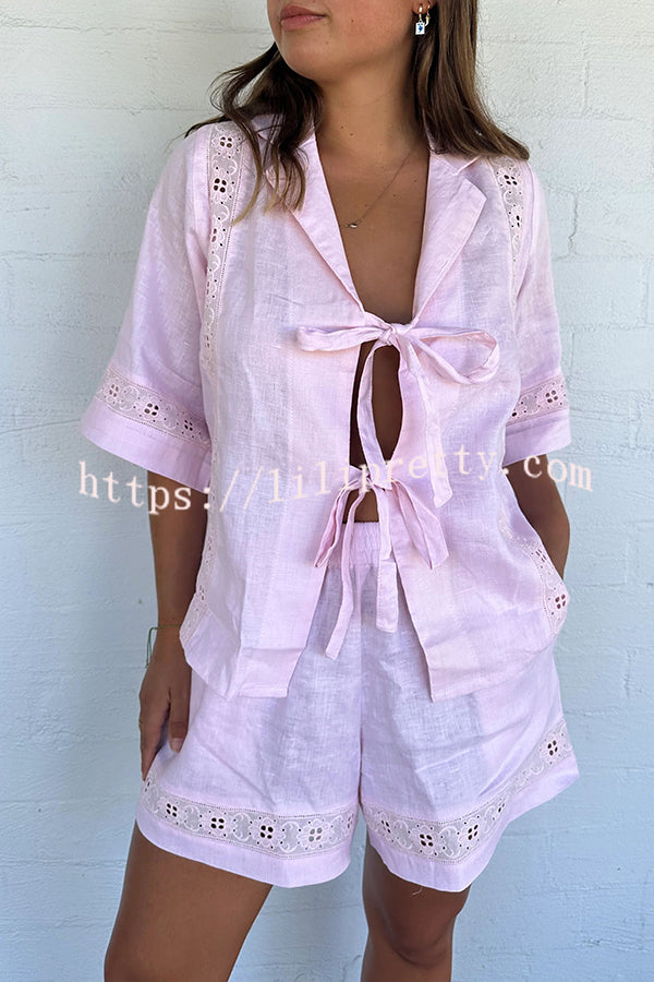 Celebrate Vacation Linen Blend Lace Splicing Tie-up Shirt and Elastic Waist Pocketed Shorts Set