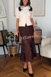 Cozy Sweet Darling Knit Sheer Organza Bow Neck Short Puff Sleeve Button Cardigan