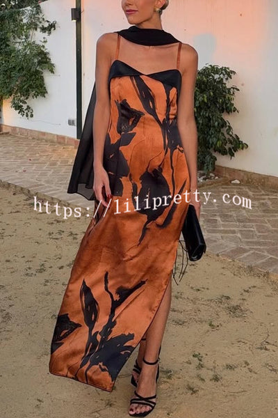 Elegant Satin Flowers Print Black Piping Detail Slit Scarf Maxi Dress