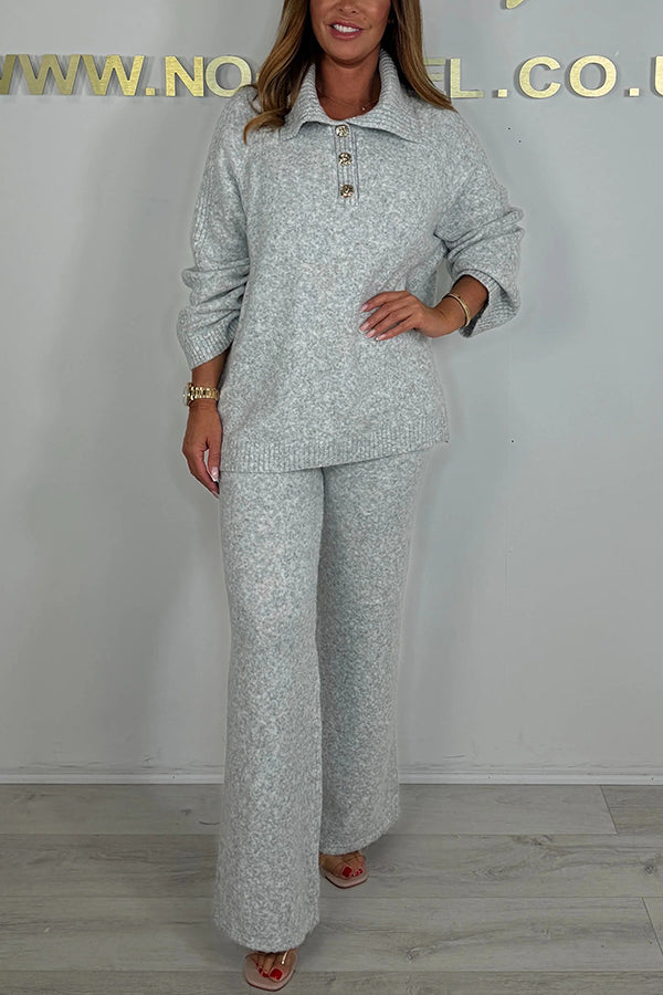 Solid Color Lapel Long-sleeved Loose Top and Elastic Waist Casual Pants Set