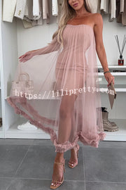 Fairytale Charm Tulle Off Shoulder Ruffles Trim A-line Midi Dress