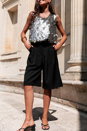 Fashionable Sequined Round Neck Sleeveless Loose Vest