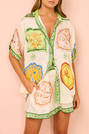 Lilipretty Tropical Escapes Satin Unique Print Shirt and Elastic Waist Pocketed Button Shorts Set