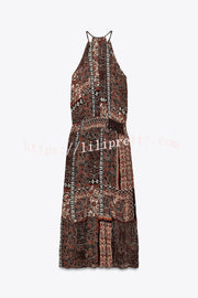 Ethnic Boho Colorblock Print Elastic Waist Resort Style Maxi Dress