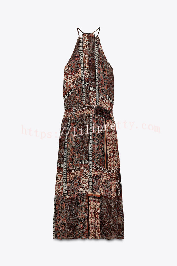Ethnic Boho Colorblock Print Elastic Waist Resort Style Maxi Dress
