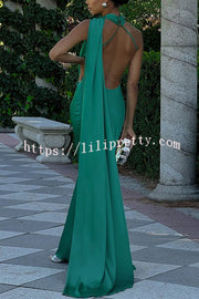 Crush on You Satin One Shoulder Backless Cape Maxi Dress
