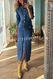 Tessy Denim Metal Button Zipper Shirt Stretch Pencil Slit Midi Dress