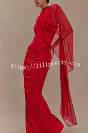 Fashionable Mesh Shawl Sleeveless Slim Fit Pleated Maxi Dress