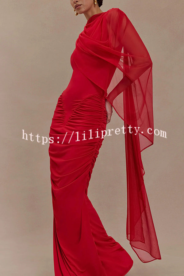 Fashionable Mesh Shawl Sleeveless Slim Fit Pleated Maxi Dress