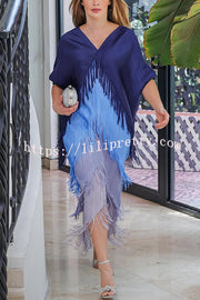 Fashionable Color-blocked Multi-layered Tassel Loose Midi Dress