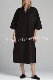 Solid Color V-neck Half-sleeve Loose Slit Midi Dress