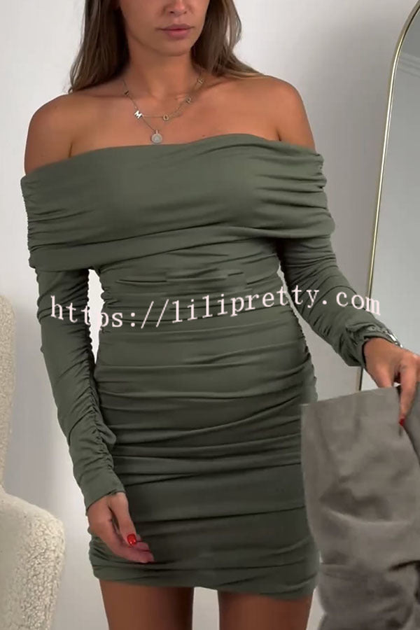 Lilipretty Friday Party Off Shoulder Long Sleeve Ruched Stretch Mini Dress