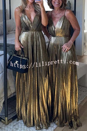 Disco Fashion Metallic Fabric Pleated Pocket Slip Wide Leg Jumpsuit