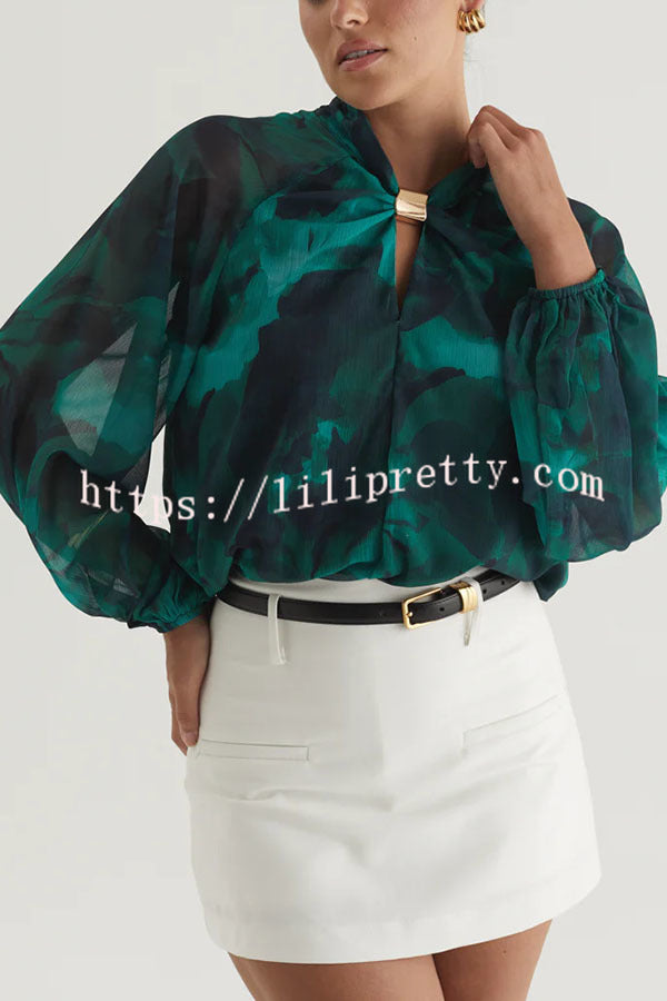 Essentials Printed Gold Cutout Collar Balloon Sleeve Blouse