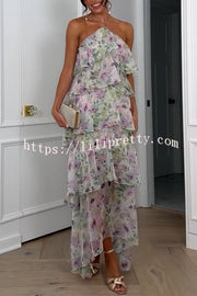 Cocktail Party Sheer Floral Georgette Halter Flowy Tiered Maxi Dress