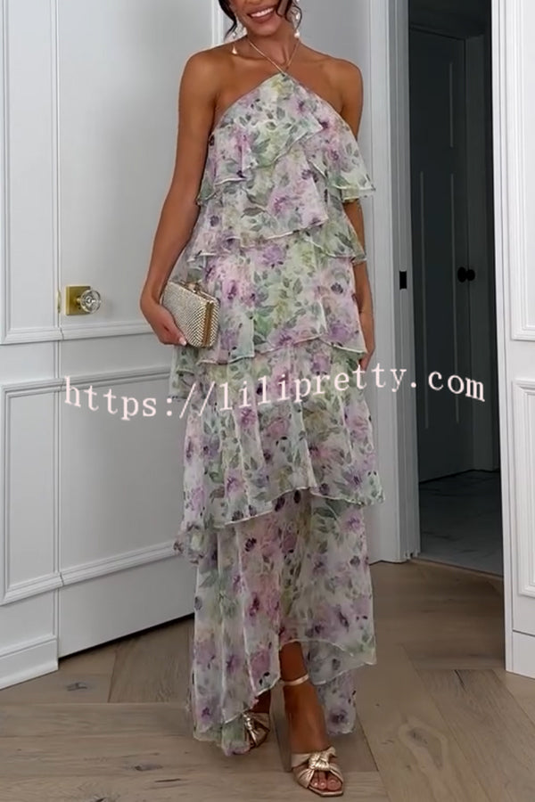 Cocktail Party Sheer Floral Georgette Halter Flowy Tiered Maxi Dress