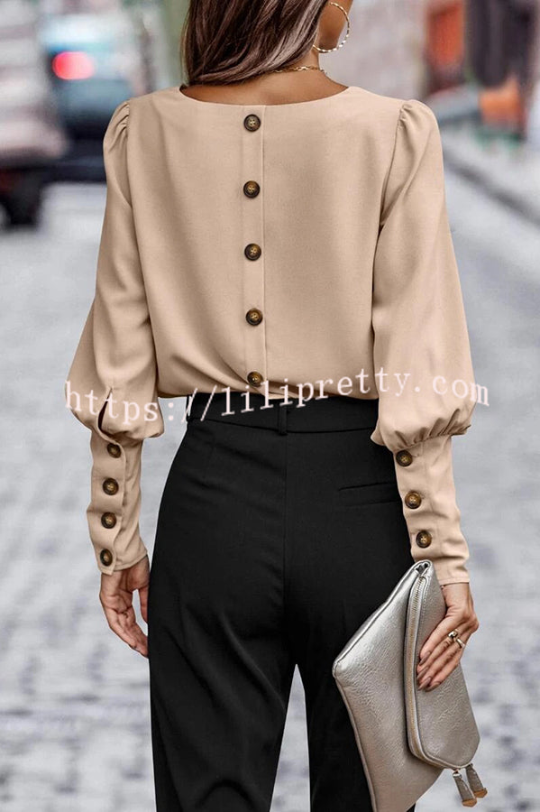 Lilipretty Long Sleeve Back Button Solid Color Casual Top