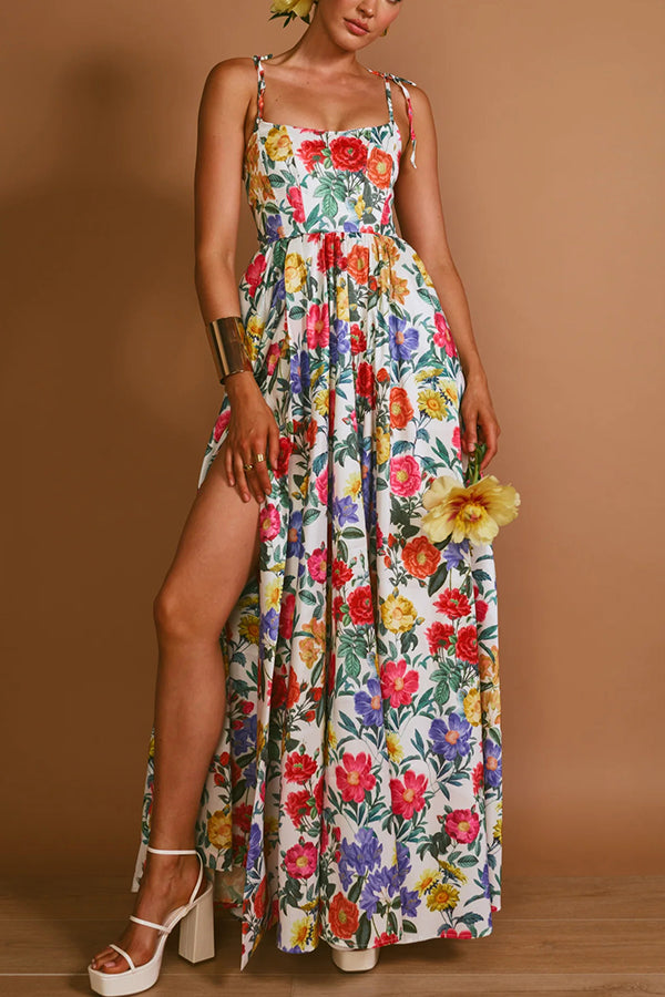 Garden Wedding Floral Print Back Tie-up Pocketed Slit Maxi Dress