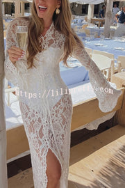 Garcelle Floral Lace Lace-up Long Bell Sleeve Slit Midi Dress