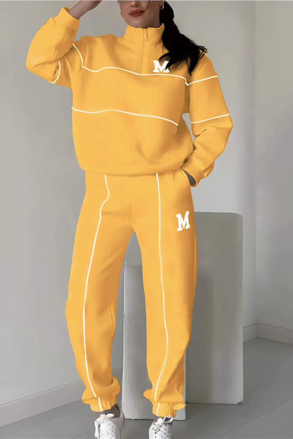 Fashionable Letter Striped Long-sleeved Sweatshirt and Elastic Waist Casual Pocket Pants Set